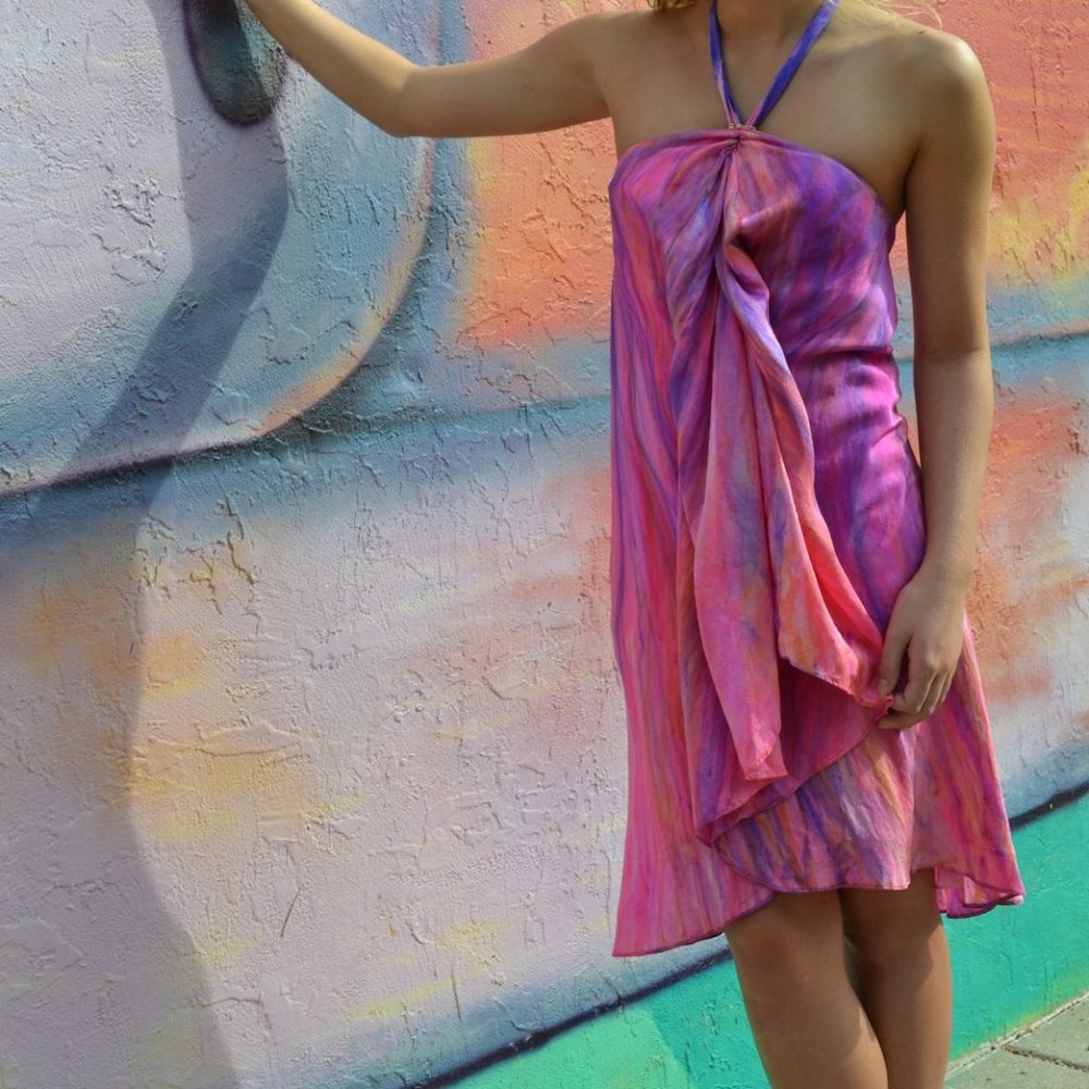 Silk Short halter Dress painted purple pink blue 0 2 4 XS ruffle party tie dyed